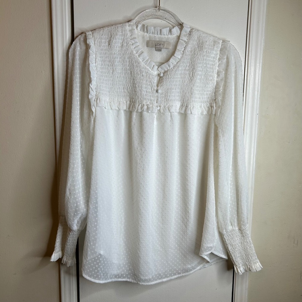 LOFT White Swiss Dot Smocked Ruffle V-Neck Blouse Long Sleeve Top Medium